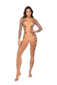 Long Print Sleeve Leopard Mesh Bodystocking Os