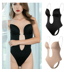 Women Plunging Deep V-neck Body Shaper Strapless Backless Shapewear (Color: Black, size: L)