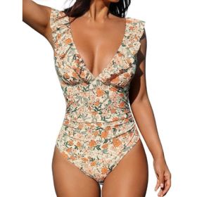 Belly One-piece V-neck Flounce Lace-up Multi-color Women's Swimsuit (Option: Apricot Floral-XL)
